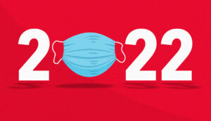 2022 in white letters on a red background. The 0 is a blue surgical mask. 