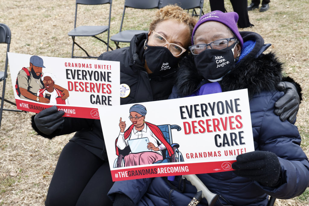 Grandmas join a rally with Congressional members for "Build Back Better' in front of the U.S. Capitol Building on December 09, 2021 in Washington, DC.