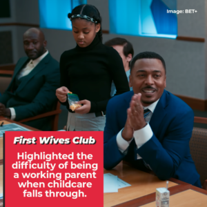 First Wives Club: Highlighted the difficulty of being a working parent when childcare falls through. A business man in a meeting at work with his daughter by his side.
