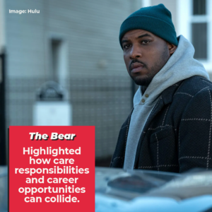 The Bear: Highlighted how care responsibilities and career opportunities can collide. A black man wearing winter clothing is about to enter his car.