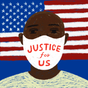 Illustration of a black man with a white mask with the words "Justice for us" on it with the American flag behind him.