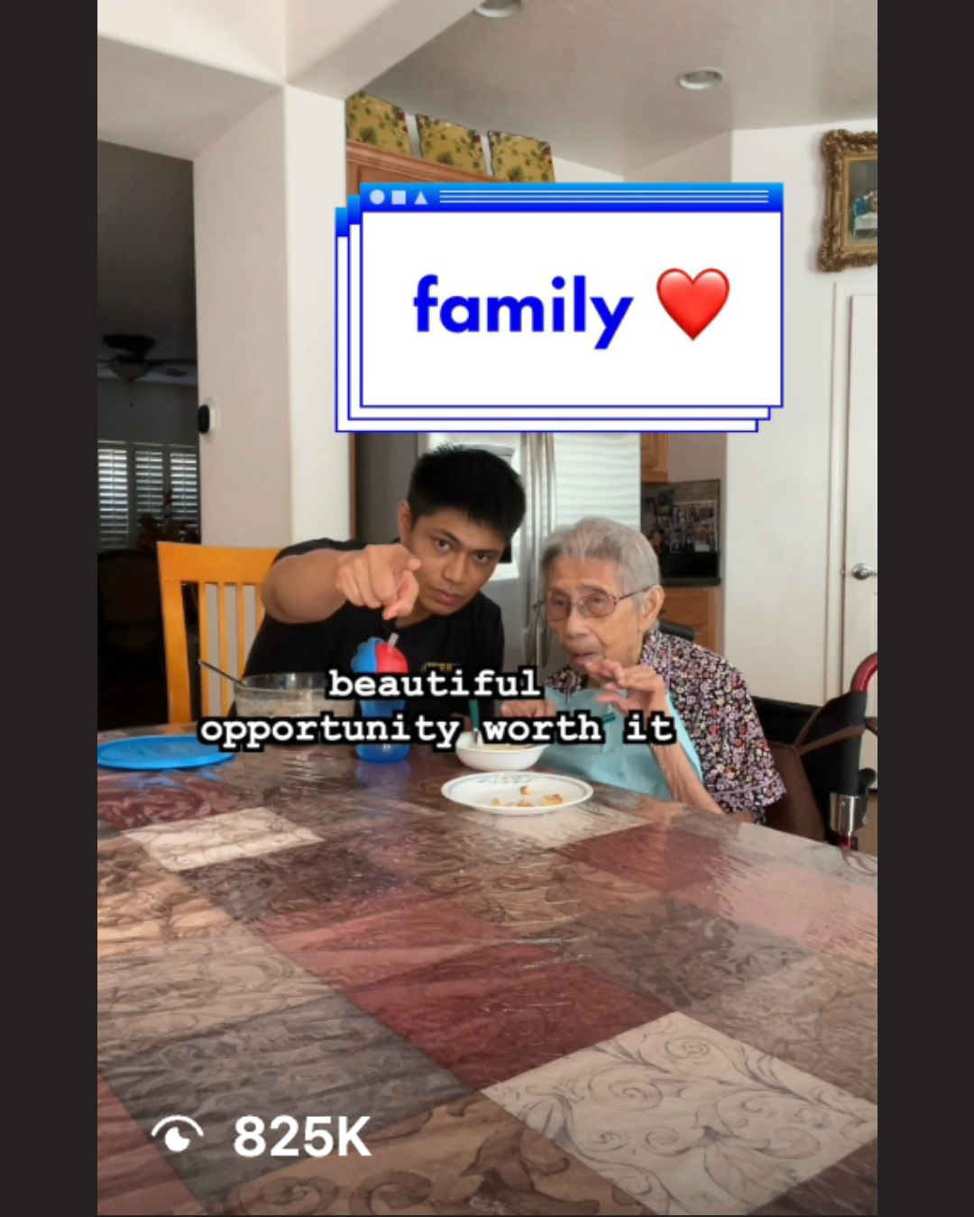 A screenshot of a Instagram reel of a man taking care of his grandmother.