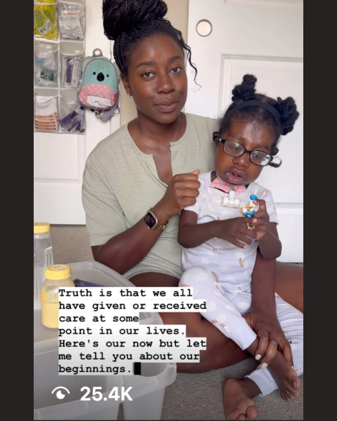 A screenshot of a Instagram reel of a woman with her baby talking about care.