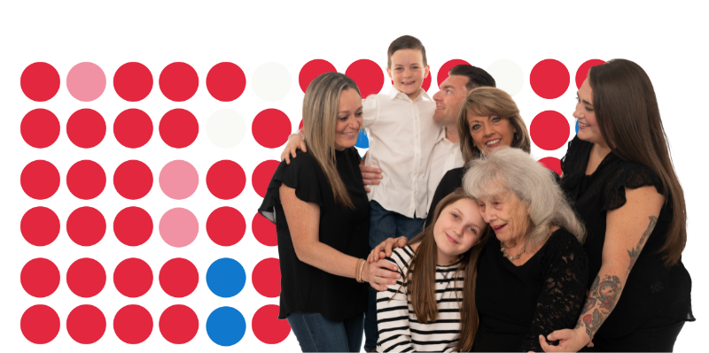 A graphic with red, pink, and blue circle in the background featuring a family.