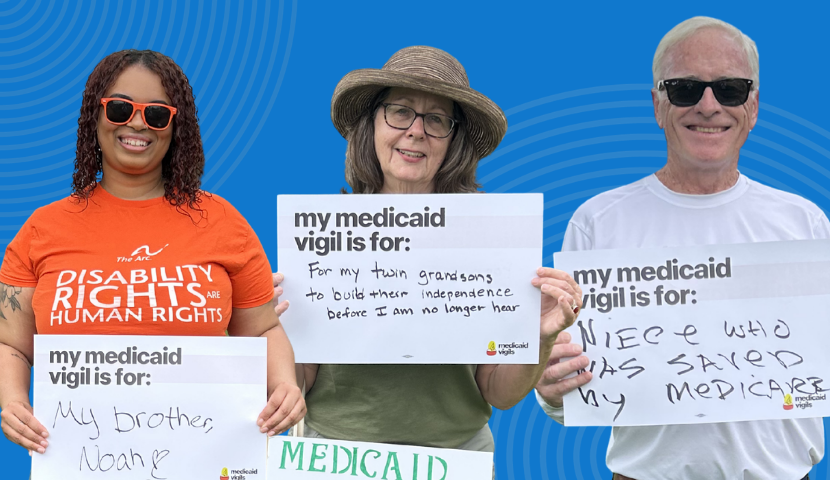 Silhouettes of a black woman, an older white woman, and an older white man holding signs saying,