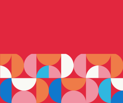 A graphic with a red background with half circle shapes in different colors at the bottom half.
